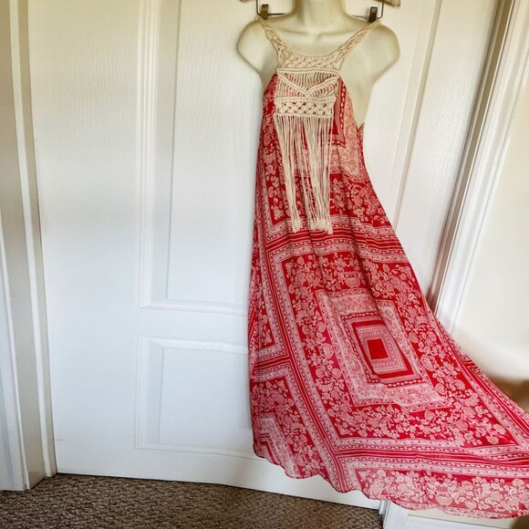 ZARA Boho Floral-Patch Maxi Dress with Crochet Neck and Fringe XS/S - Picture 2 of 16